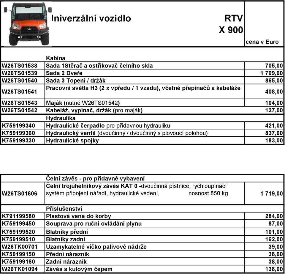 hydrauliku 421,00 K759199360 Hydraulický ventil (dvoučinný / dvoučinný s plovoucí polohou) 837,00 K759199330 Hydraulické spojky 183,00 W26TS01606 Čelní závěs - pro přídavné vybavení Čelní