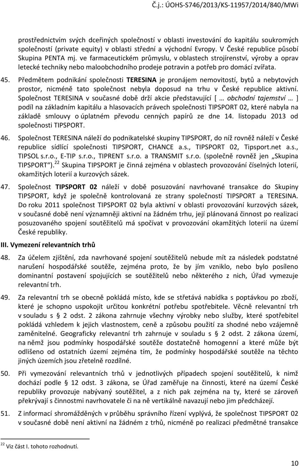 Předmětem podnikání společnosti TERESINA je pronájem nemovitostí, bytů a nebytových prostor, nicméně tato společnost nebyla doposud na trhu v České republice aktivní.