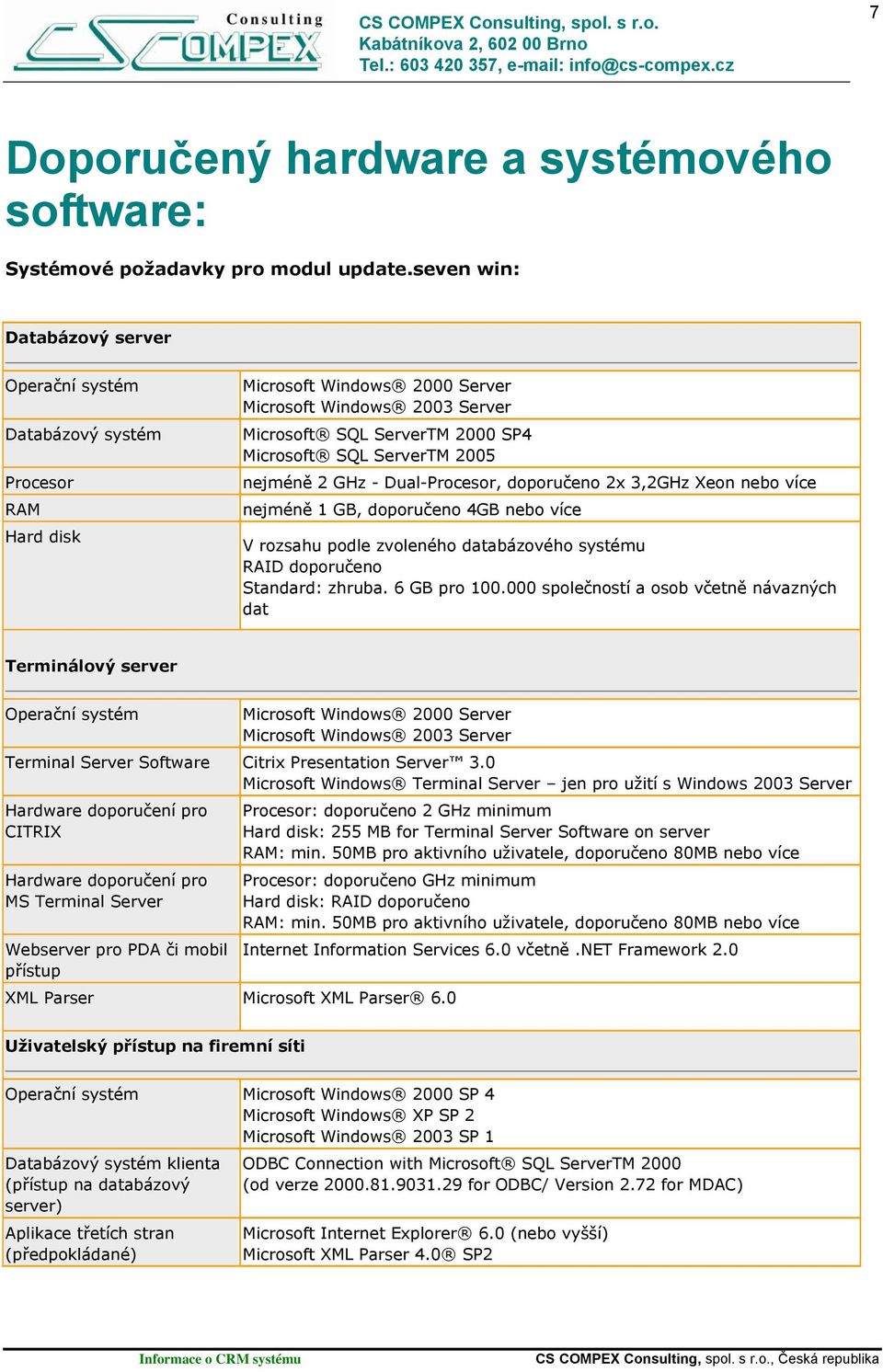 ServerTM 2005 nejméně 2 GHz - Dual-Procesor, doporučeno 2x 3,2GHz Xeon nebo více nejméně 1 GB, doporučeno 4GB nebo více V rozsahu podle zvoleného databázového systému RAID doporučeno Standard: zhruba.