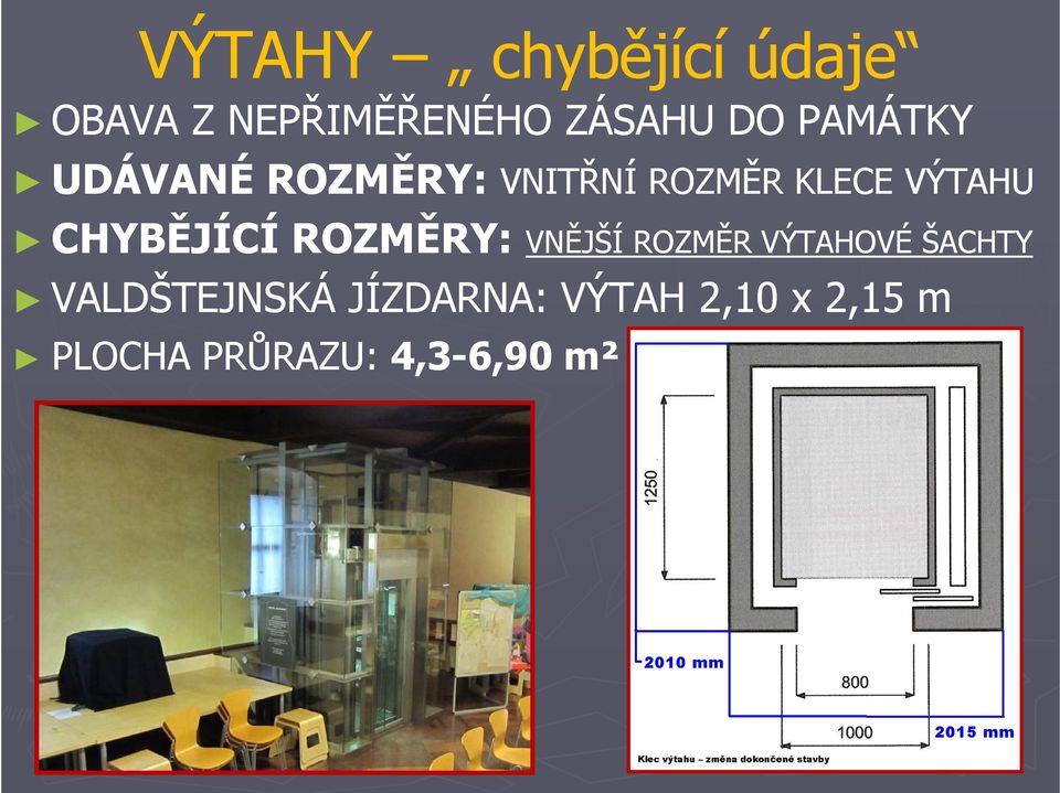 CHYBĚJÍCÍ ROZMĚRY: VNĚJŠÍ ROZMĚR VÝTAHOVÉ ŠACHTY