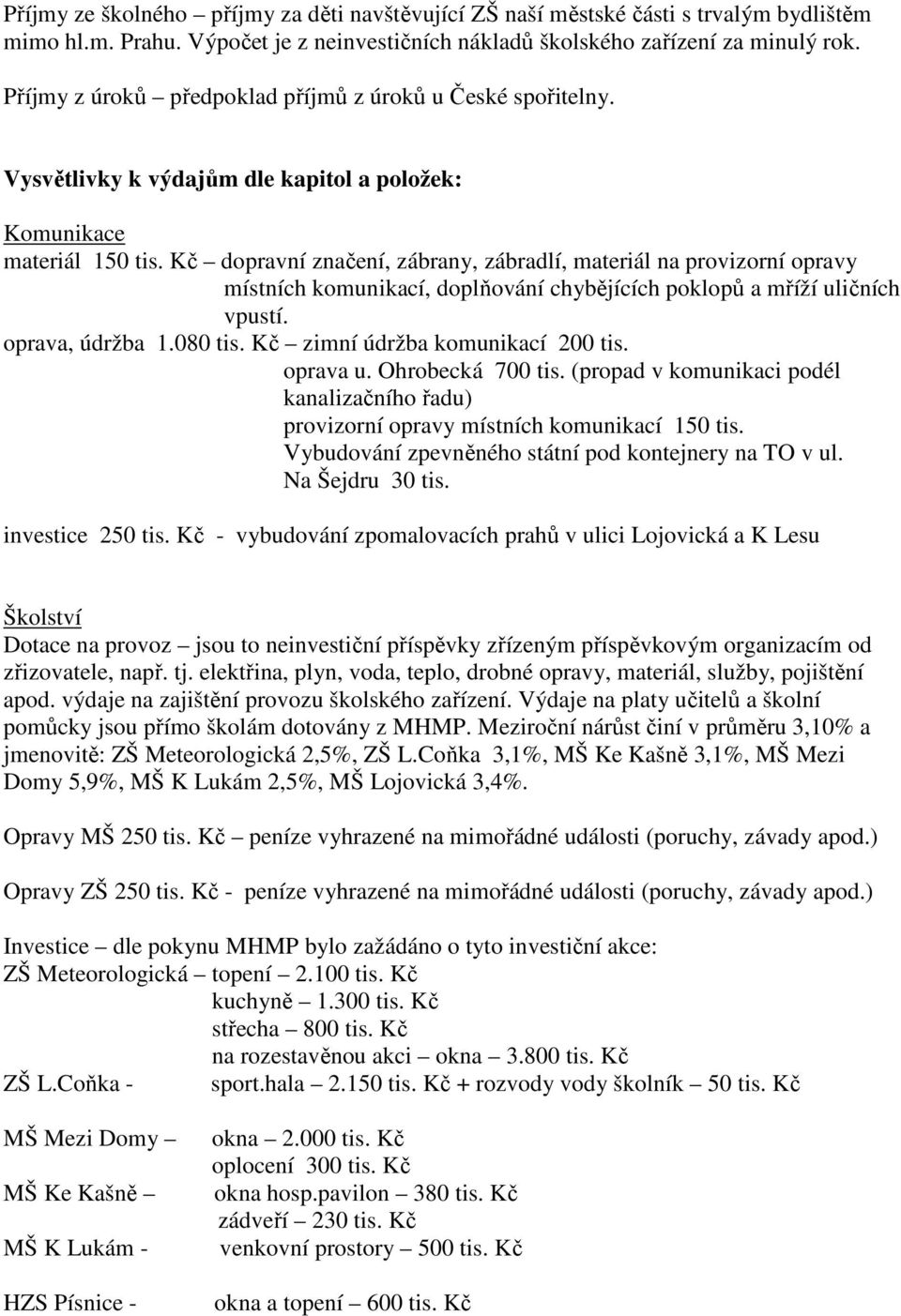 Kč dopravní značení, zábrany, zábradlí, materiál na provizorní opravy místních komunikací, doplňování chybějících poklopů a mříží uličních vpustí. oprava, údržba 1.080 tis.