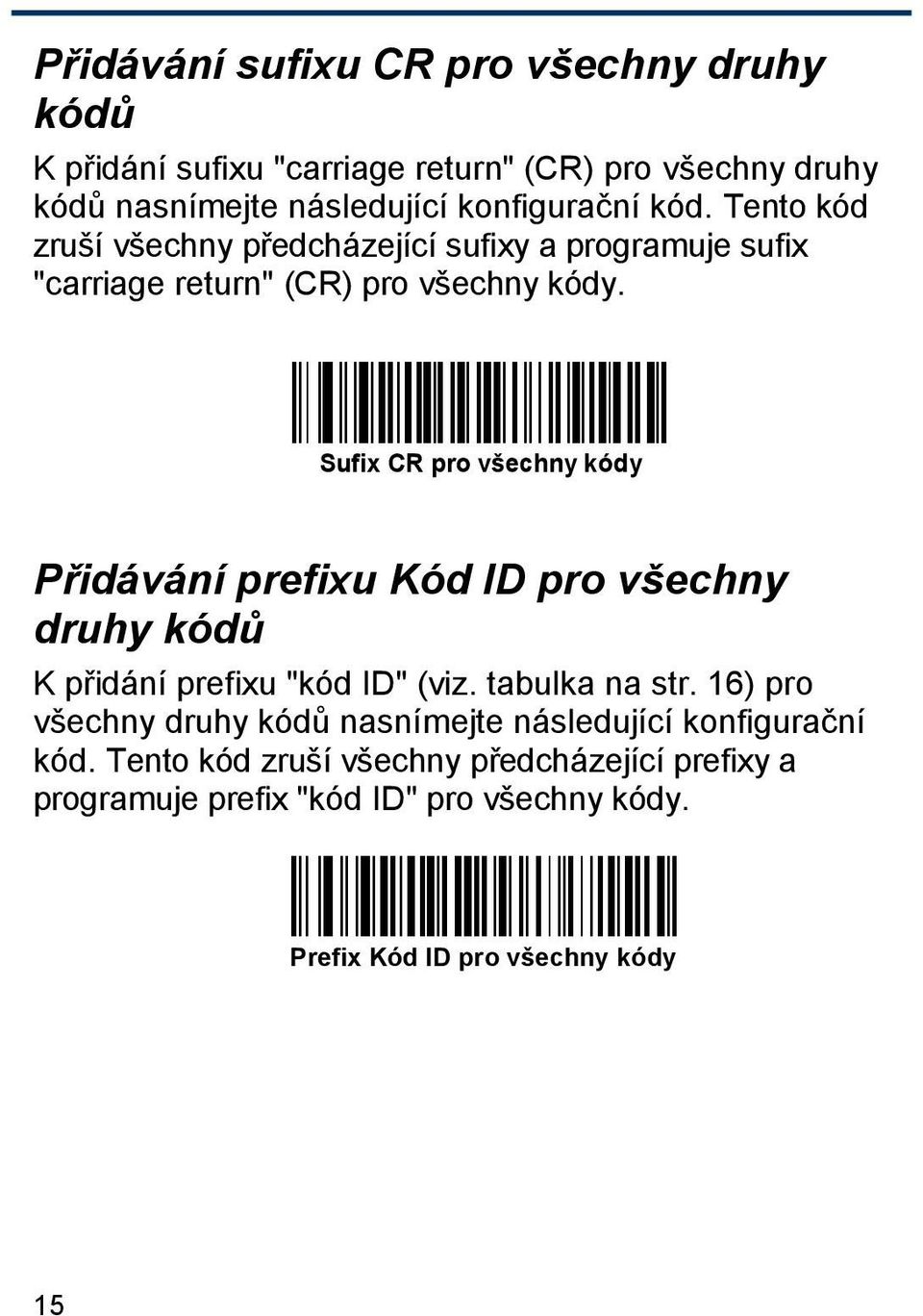 Sufix CR pro všechny kódy Přidávání prefixu Kód ID pro všechny druhy kódů K přidání prefixu "kód ID" (viz. tabulka na str.