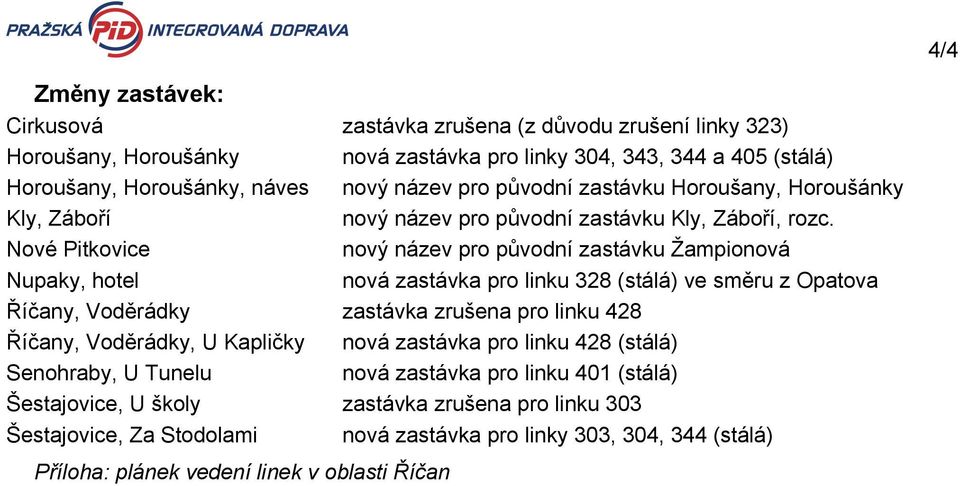 Nové Pitkovice nový název pro původní zastávku Žampionová Nupaky, hotel nová zastávka pro linku 328 (stálá) ve směru z Opatova Říčany, Voděrádky zastávka zrušena pro linku Říčany,