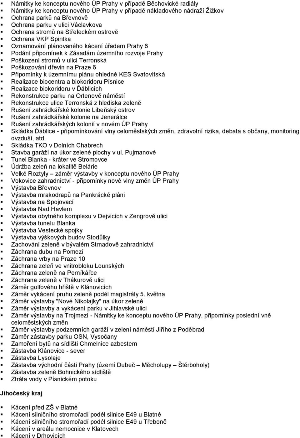 Poškozování dřevin na Praze 6 Připomínky k územnímu plánu ohledně KES Svatovítská Realizace biocentra a biokoridoru Písnice Realizace biokoridoru v Ďáblicích Rekonstrukce parku na Ortenově náměstí
