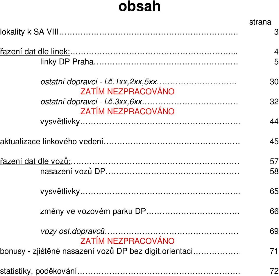 44 aktualizace linkového vedení 45 řazení dat dle vozů:. 57 nasazení vozů DP 58 vysvětlivky.