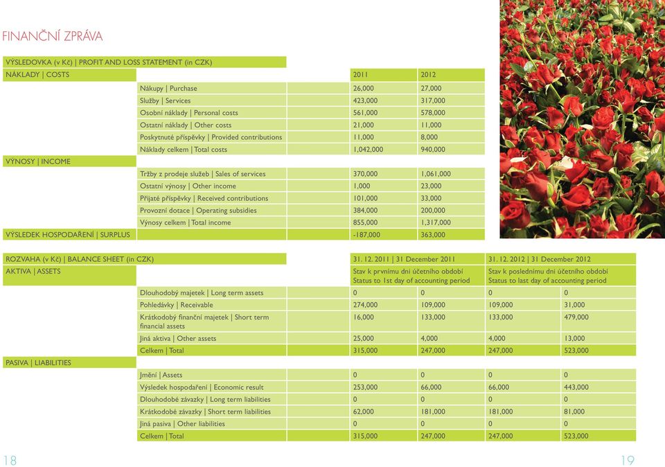 income 1, 23, Přijaté příspěvky Received contributions 11, 33, Provozní dotace Operating subsidies 384, 2, Výnosy celkem Total income 855, 1,317, -187, 363, VÝSLEDEK HOSPODAŘENÍ SURPLUS ROZVAHA (v