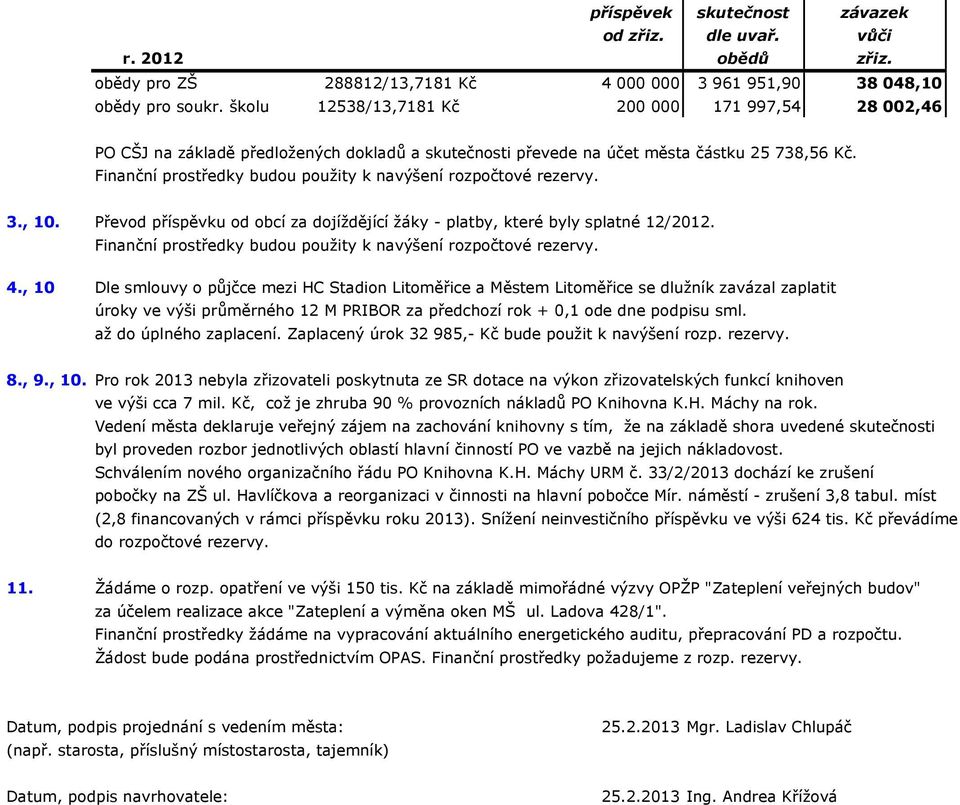 Finanční prostředky budou použity k navýšení rozpočtové rezervy. 3., 10. Převod příspěvku od obcí za dojíždějící žáky - platby, které byly splatné 12/2012.