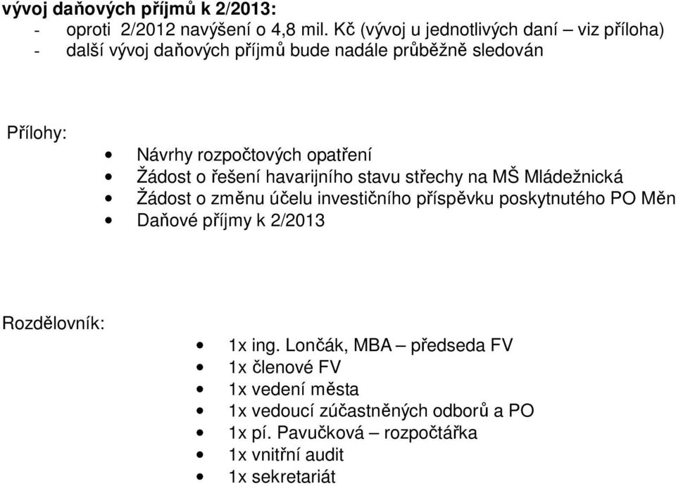 opatření Žádost o řešení havarijního stavu střechy na MŠ Mládežnická Žádost o změnu účelu investičního příspěvku poskytnutého PO