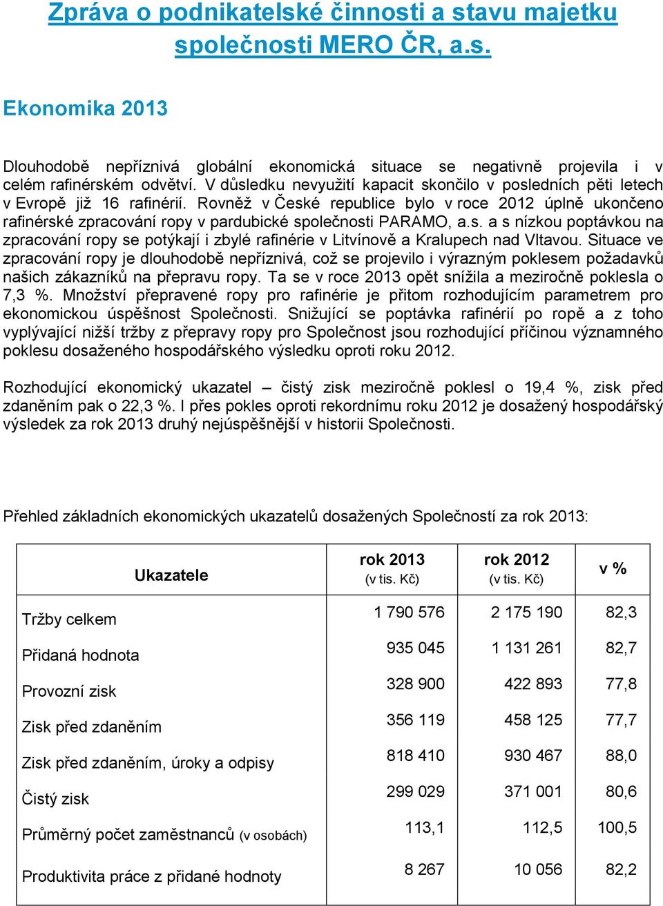 Rovněž v České republice bylo v roce 2012 úplně ukončeno rafinérské zpracování ropy v pardubické společnosti PARAMO, a.s. a s nízkou poptávkou na zpracování ropy se potýkají i zbylé rafinérie v Litvínově a Kralupech nad Vltavou.