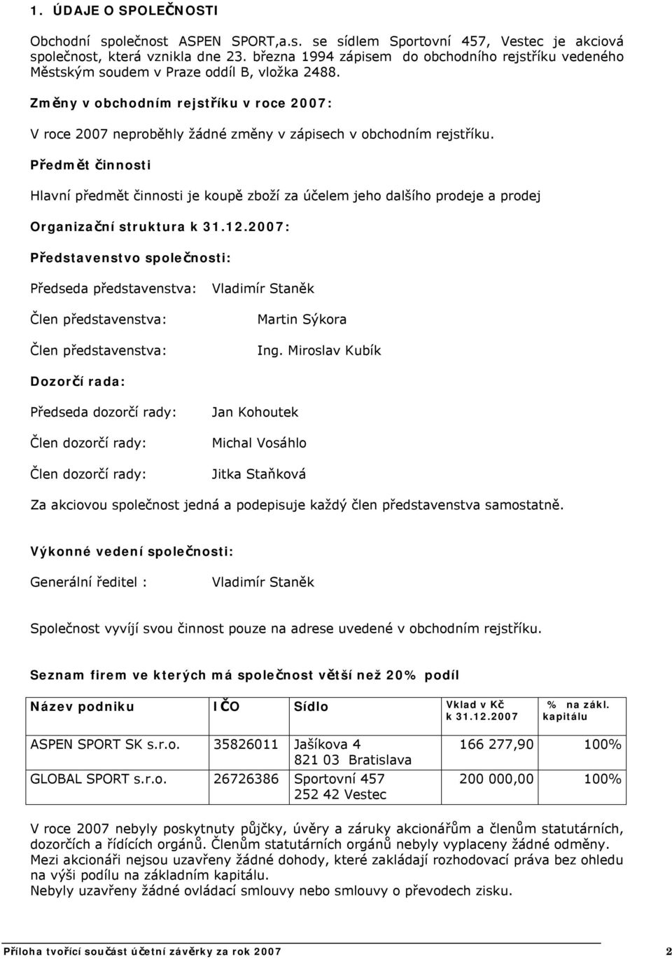 Změny v obchodním rejstříku v roce 2007: V roce 2007 neproběhly žádné změny v zápisech v obchodním rejstříku.