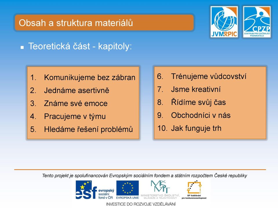 Pracujeme v týmu 5. Hledáme řešení problémů 6.