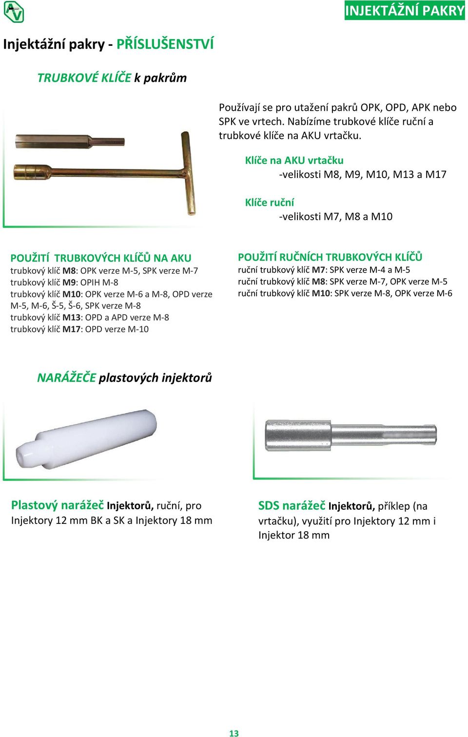 Klíče na AKU vrtačku -velikosti M8, M9, M10, M13 a M17 Klíče ruční -velikosti M7, M8 a M10 POUŽITÍ TRUBKOVÝCH KLÍČŮ NA AKU trubkový klíč M8: OPK verze M-5, SPK verze M-7 trubkový klíč M9: OPIH M-8