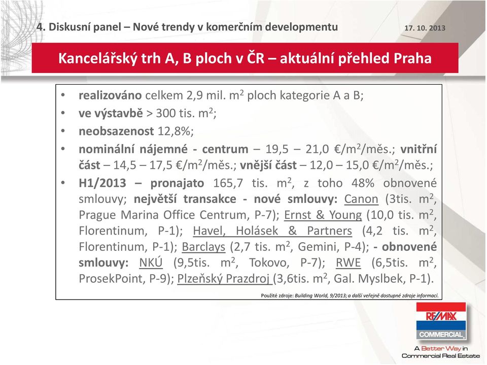 m 2, z th 48% bnvené smluvy; největší transakce - nvé smluvy: Cann (3tis. m 2, Prague Marina Office Centrum, P-7); Ernst & Yung (10,0 tis.