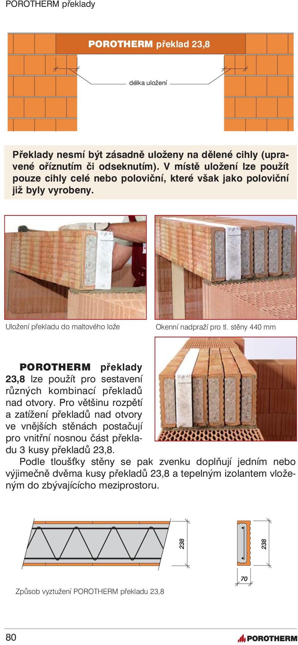 stěny 440 mm POROTHERM překlady 23,8 lze použít pro sestavení různých kombinací překladů nad otvory.