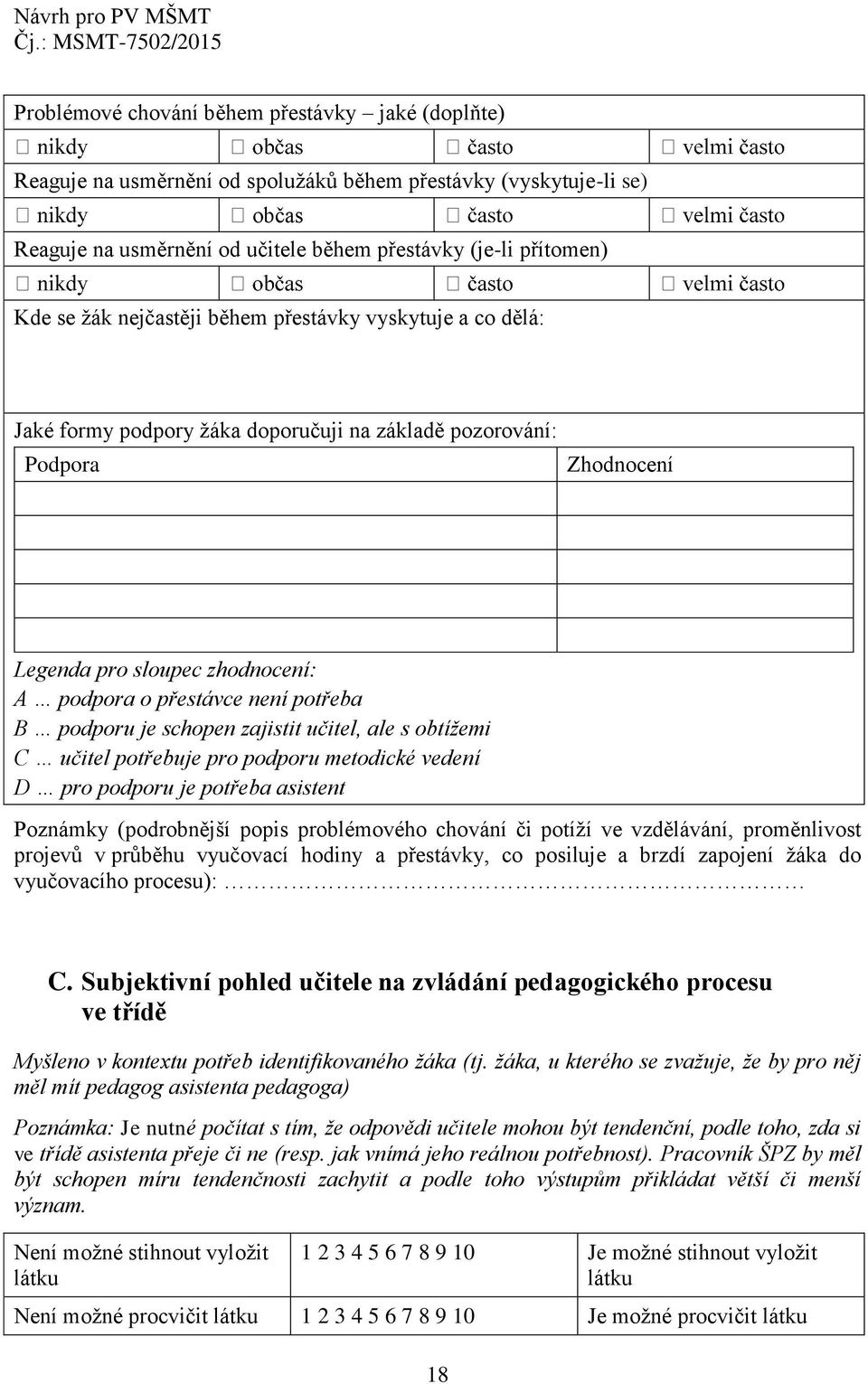 podporu je schopen zajistit učitel, ale s obtížemi C učitel potřebuje pro podporu metodické vedení D pro podporu je potřeba asistent Poznámky (podrobnější popis problémového chování či potíží ve