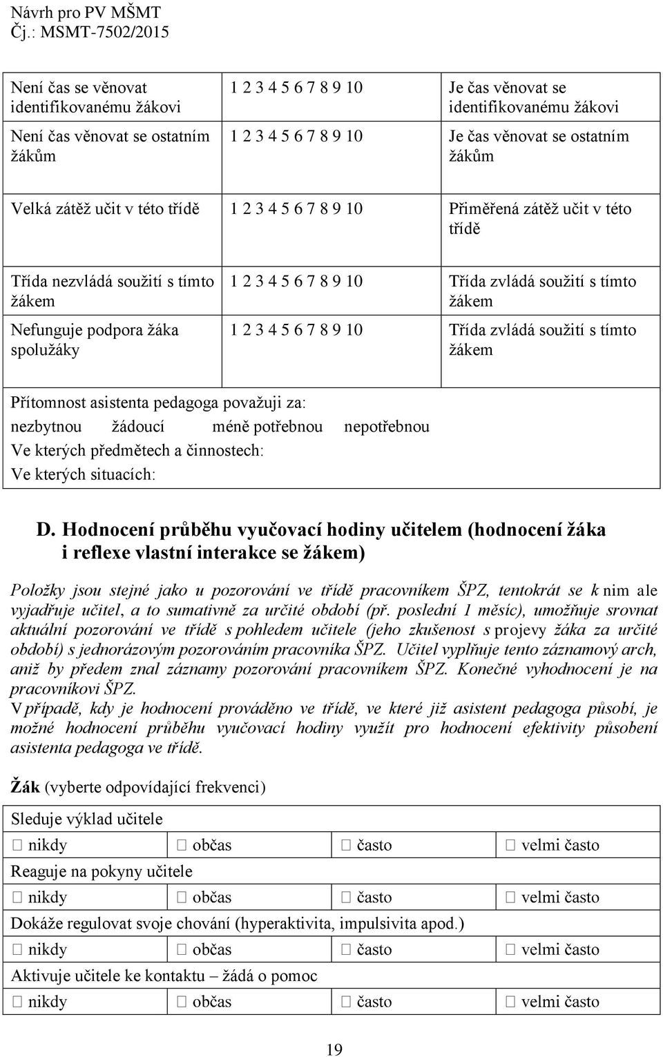 tímto žákem 1 2 3 4 5 6 7 8 9 10 Třída zvládá soužití s tímto žákem Přítomnost asistenta pedagoga považuji za: nezbytnou žádoucí méně potřebnou nepotřebnou Ve kterých předmětech a činnostech: Ve