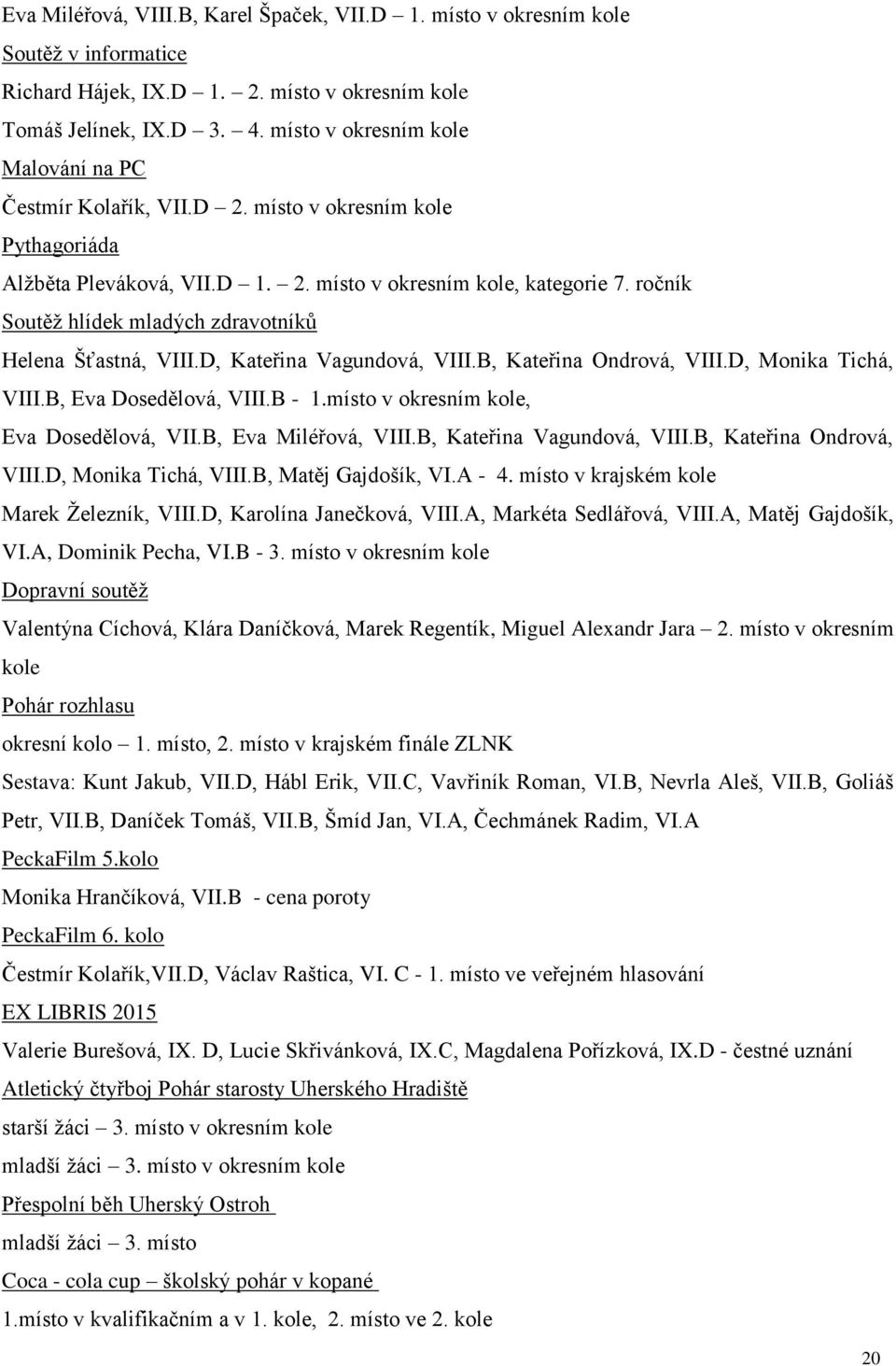 ročník Soutěž hlídek mladých zdravotníků Helena Šťastná, VIII.D, Kateřina Vagundová, VIII.B, Kateřina Ondrová, VIII.D, Monika Tichá, VIII.B, Eva Dosedělová, VIII.B - 1.