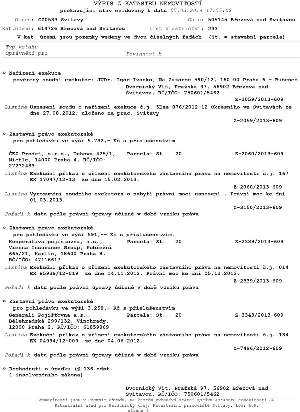 Igr Ivank, Na Zátrce 590/12, 160 00 Praha 6 - Bubeneč Svitavu, RČ/IČO: 750601/5462 Z-2059/2013-609 Usnesení sudu nařízení exekuce č.j. 5Exe 876/2012-12 Okresníh ve Svitavách ze dne 27.08.