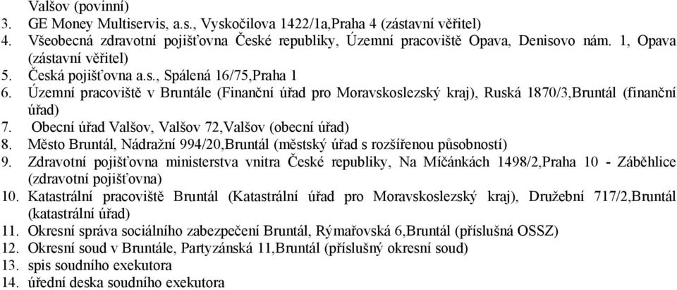 Obecní úřad Valšov, Valšov 72,Valšov (obecní úřad) 8. Město Bruntál, Nádražní 994/20,Bruntál (městský úřad s rozšířenou působností) 9.