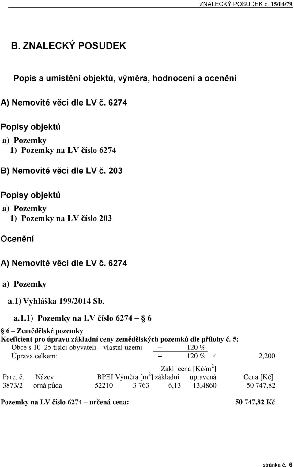 1) Vyhláška 199/2014 Sb. a.1.1) Pzemky na LV čísl 6274 6 6 Zemědělské pzemky Keficient pr úpravu základní ceny zemědělských pzemků dle přílhy č.