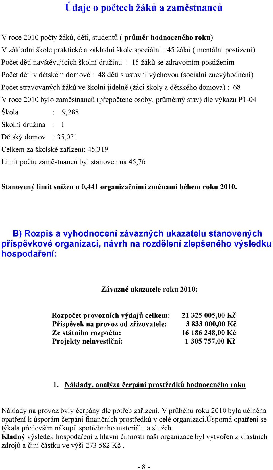 a dětského domova) : 68 V roce 2010 bylo zaměstnanců (přepočtené osoby, průměrný stav) dle výkazu P1-04 Škola : 9,288 Školní družina : 1 Dětský domov : 35,031 Celkem za školské zařízení: 45,319 Limit