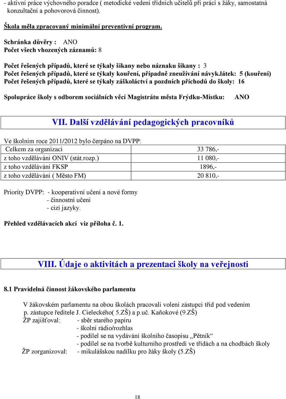 návyk.látek: 5 (kouření) Počet řešených případů, které se týkaly záškoláctví a pozdních příchodů do školy: 16 Spolupráce školy s odborem sociálních věcí Magistrátu města Frýdku-Místku: ANO VII.