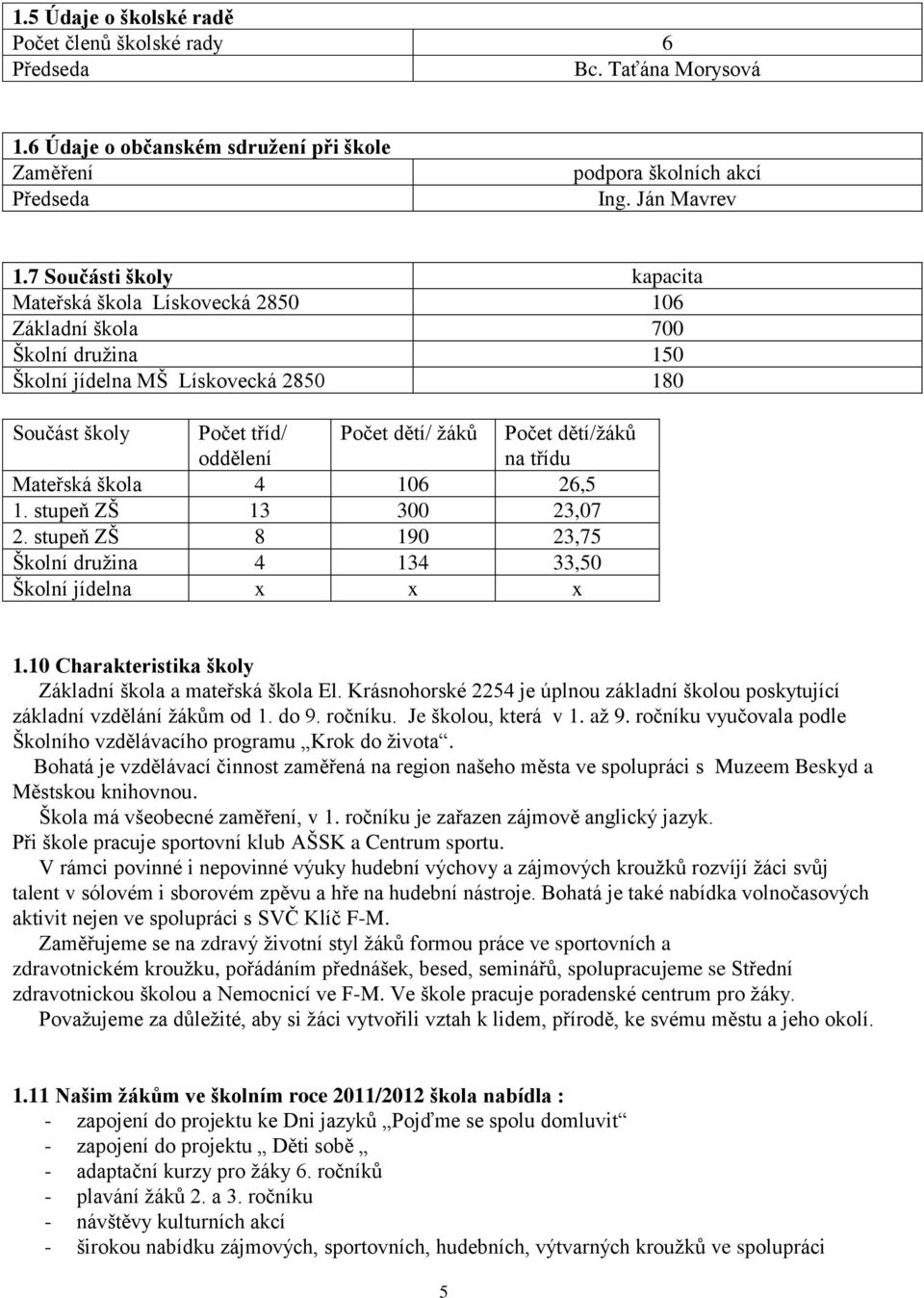 dětí/ţáků na třídu Mateřská škola 4 106 26,5 1. stupeň ZŠ 13 300 23,07 2. stupeň ZŠ 8 190 23,75 Školní druţina 4 134 33,50 Školní jídelna x x x 1.