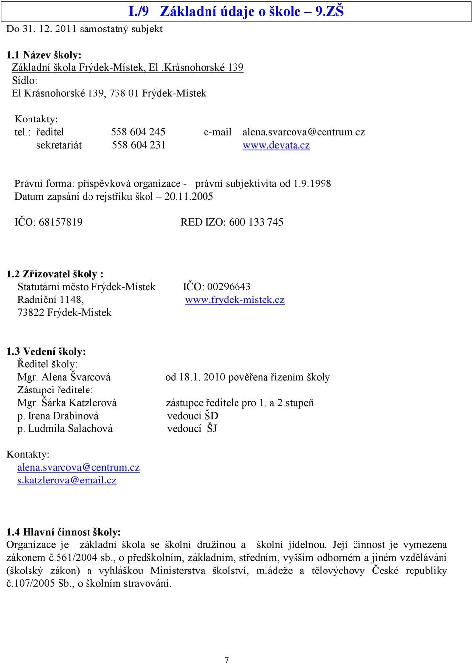 11.2005 IČO: 68157819 RED IZO: 600 133 745 1.2 Zřizovatel školy : Statutární město Frýdek-Místek IČO: 00296643 Radniční 1148, www.frydek-mistek.cz 73822 Frýdek-Místek 1.
