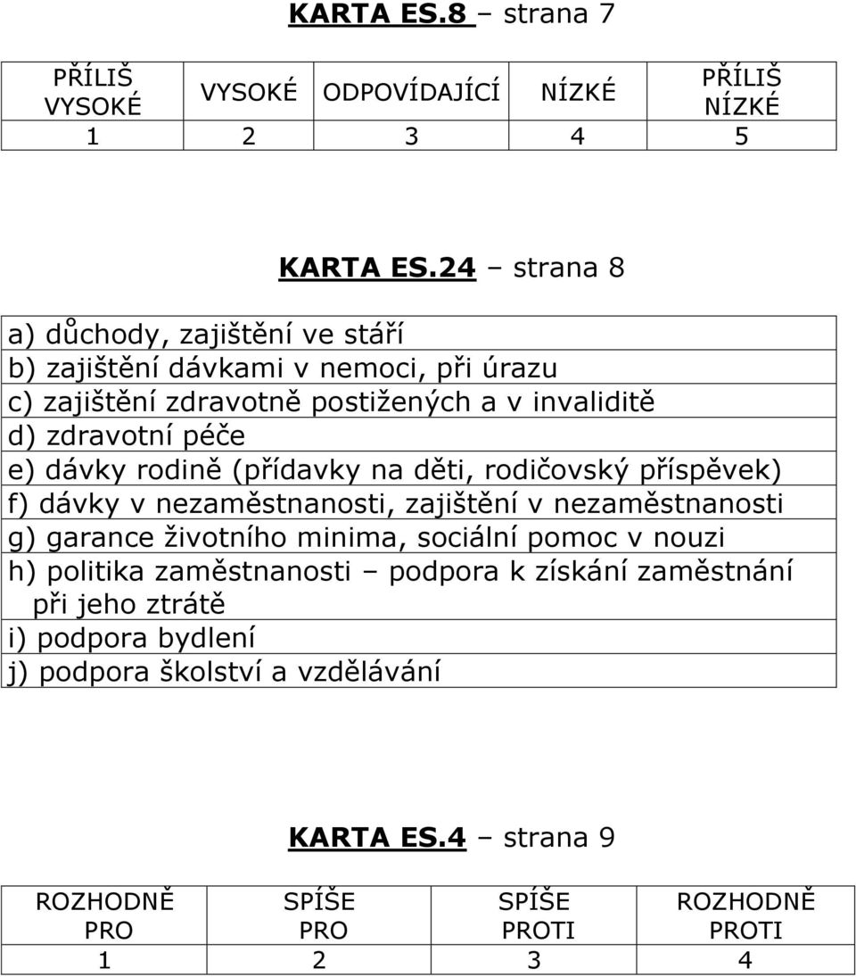 péče e) dávky rodině (přídavky na děti, rodičovský příspěvek) f) dávky v nezaměstnanosti, zajištění v nezaměstnanosti g) garance životního minima,