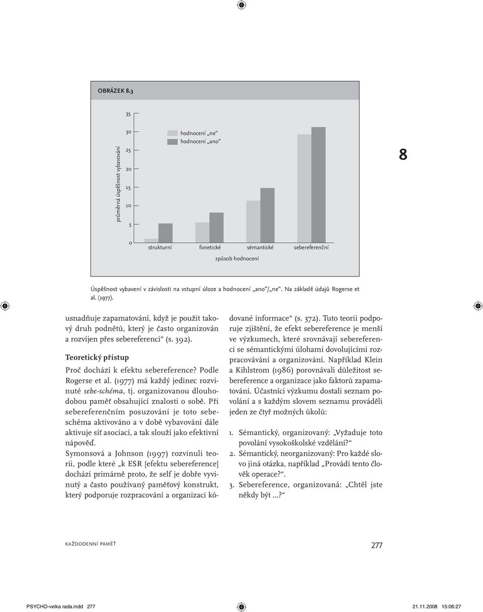hodnocení ano / ne. Na základě údajů Rogerse et al. (1977). usnadňuje zapamatování, když je použit takový druh podnětů, který je často organizován a rozvíjen přes sebereferenci (s. 392).