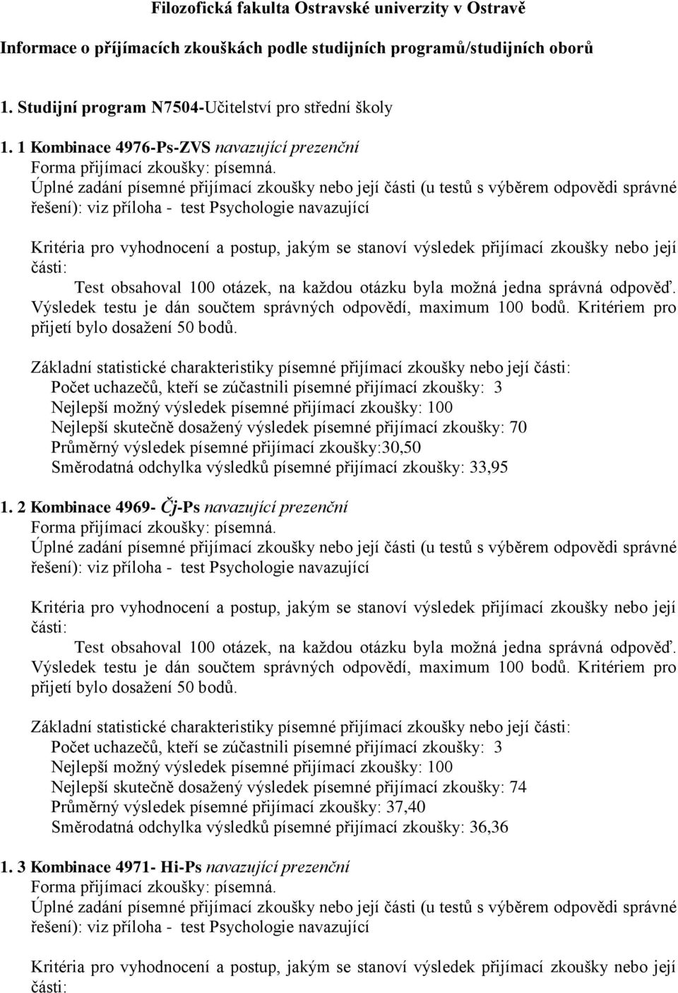 Úplné zadání písemné přijímací zkoušky nebo její části (u testů s výběrem odpovědi správné řešení): viz příloha - test Psychologie navazující Kritéria pro vyhodnocení a postup, jakým se stanoví