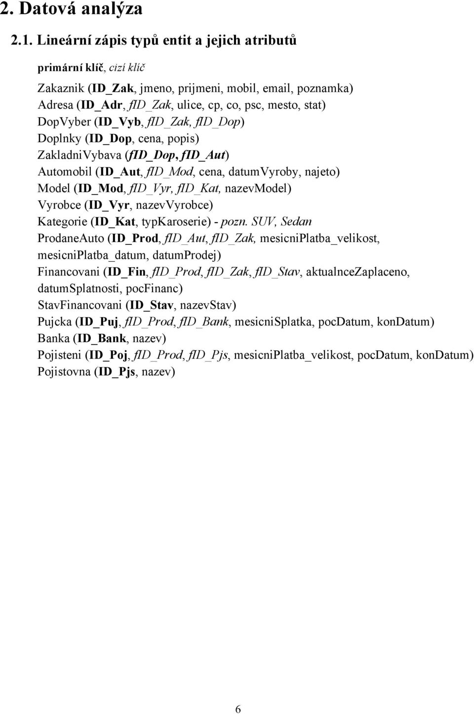 (ID_Vyb, fid_zak, fid_dop) Doplnky (ID_Dop, cena, popis) ZakladniVybava (fid_dop, fid_aut) Automobil (ID_Aut, fid_mod, cena, datumvyroby, najeto) Model (ID_Mod, fid_vyr, fid_kat, nazevmodel) Vyrobce