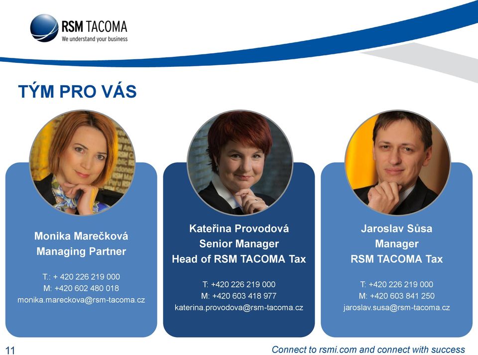 cz Kateřina Provodová Senior Manager Head of RSM TACOMA Tax T: +420 226 219 000 M: +420