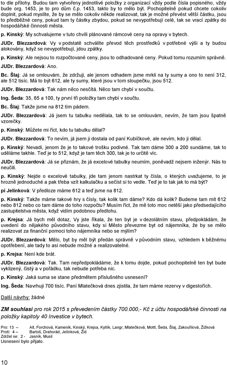 nevypotřebují celé, tak se vrací zpátky do hospodářské činnosti města. p. Kinský: My schvalujeme v tuto chvíli plánované rámcové ceny na opravy v bytech. JUDr.