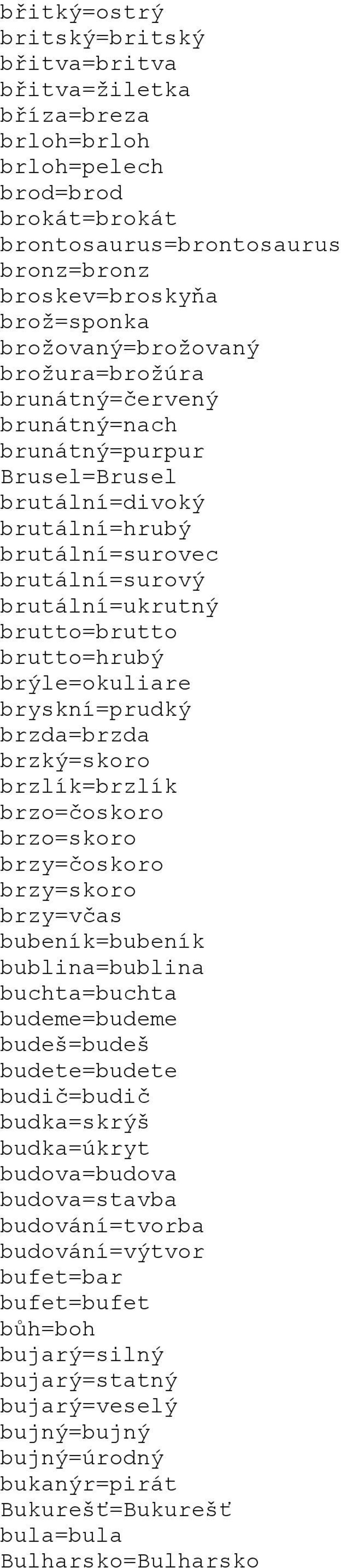 brutto=hrubý brýle=okuliare bryskní=prudký brzda=brzda brzký=skoro brzlík=brzlík brzo=čoskoro brzo=skoro brzy=čoskoro brzy=skoro brzy=včas bubeník=bubeník bublina=bublina buchta=buchta budeme=budeme