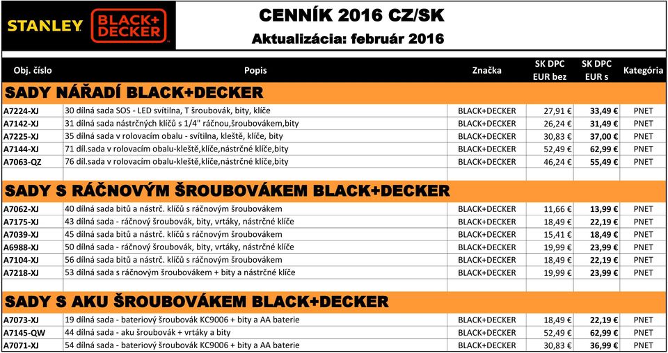 sada v rolovacím obalu-kleště,klíče,nástrčné klíče,bity BLACK+DECKER 52,49 62,99 PNET A7063-QZ 76 díl.