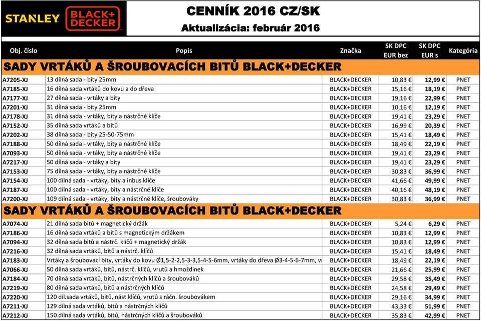 23,29 PNET A7152-XJ 35 dílná sada vrtáků a bitů BLACK+DECKER 16,99 20,39 PNET A7202-XJ 38 dílná sada - bity 25-50-75mm BLACK+DECKER 15,41 18,49 PNET A7188-XJ 50 dílná sada - vrtáky, bity a nástrčné