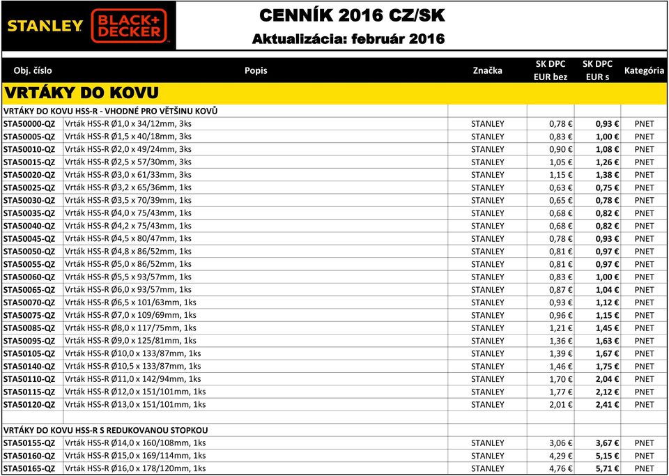 PNET STA50025-QZ Vrták HSS-R Ø3,2 x 65/36mm, 1ks STANLEY 0,63 0,75 PNET STA50030-QZ Vrták HSS-R Ø3,5 x 70/39mm, 1ks STANLEY 0,65 0,78 PNET STA50035-QZ Vrták HSS-R Ø4,0 x 75/43mm, 1ks STANLEY 0,68