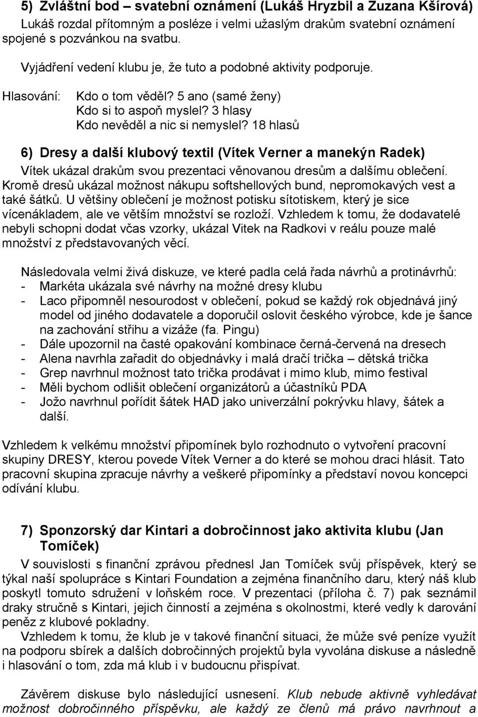 18 hlasů 6) Dresy a další klubový textil (Vítek Verner a manekýn Radek) Vítek ukázal drakům svou prezentaci věnovanou dresům a dalšímu oblečení.