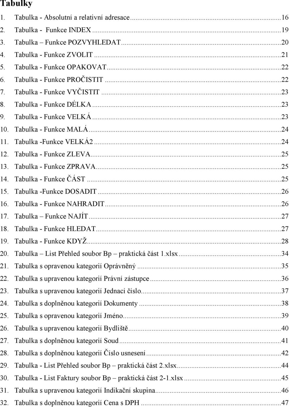 Tabulka - Funkce ZLEVA...25 13. Tabulka - Funkce ZPRAVA...25 14. Tabulka - Funkce ČÁST...25 15. Tabulka -Funkce DOSADIT...26 16. Tabulka - Funkce NAHRADIT...26 17. Tabulka Funkce NAJÍT...27 18.