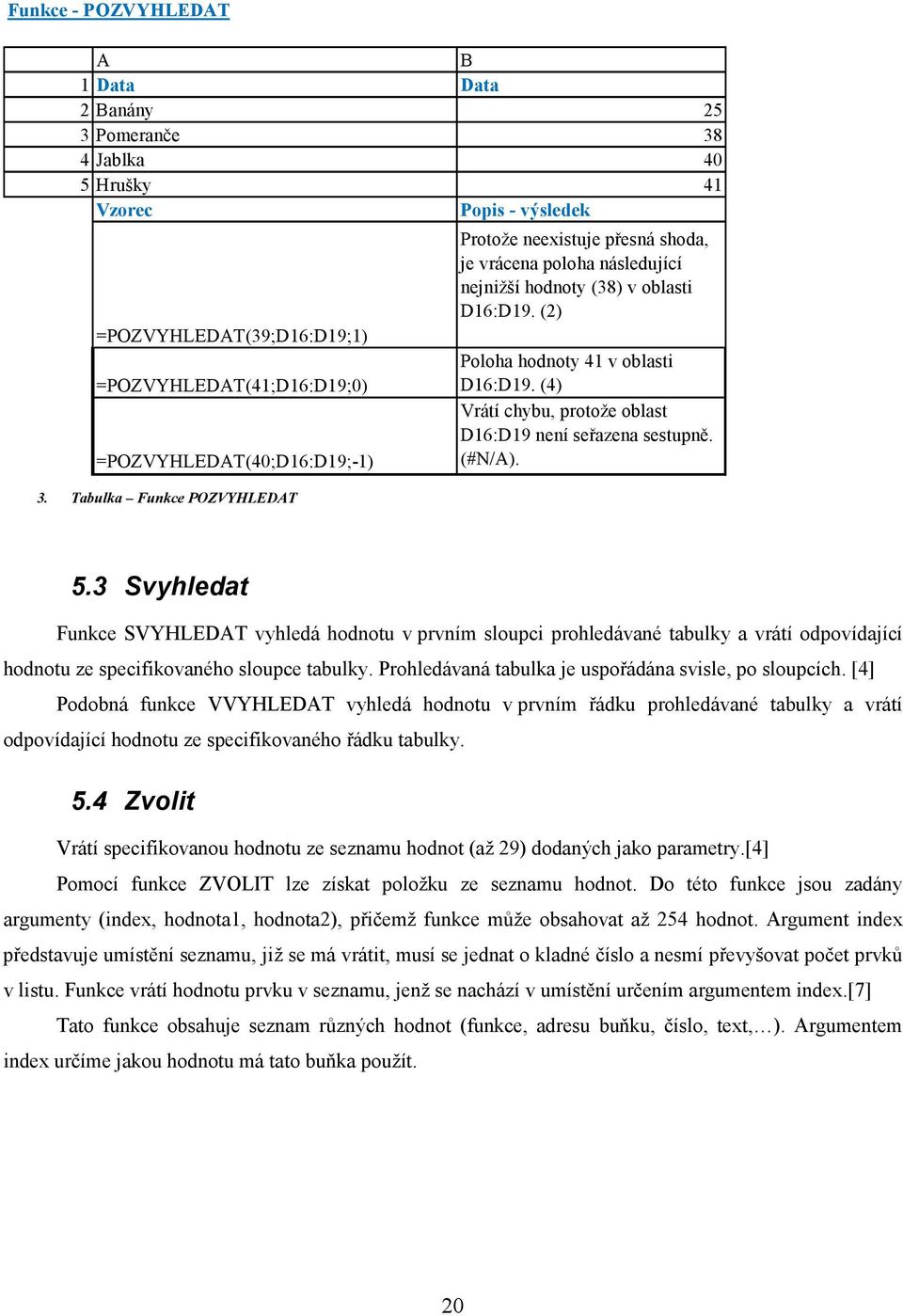 (4) Vrátí chybu, protože oblast D16:D19 není seřazena sestupně. (#N/A). 5.