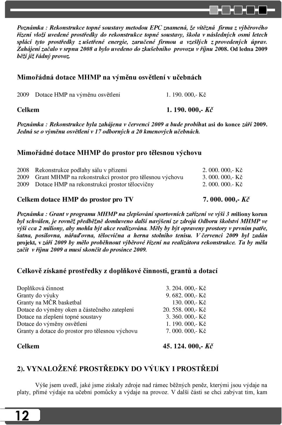 Mimořádná dotace MHMP na výměnu osvětlení v učebnách 2009 Dotace HMP na výměnu osvětlení 1. 190. 000,- Kč Celkem 1. 190. 000,- Kč Poznámka : Rekonstrukce byla zahájena v červenci 2009 a bude probíhat asi do konce září 2009.