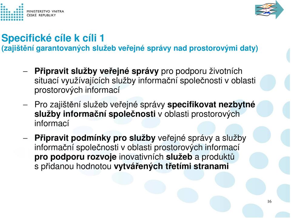 specifikovat nezbytné služby informační společnosti v oblasti prostorových informací Připravit podmínky pro služby veřejné správy a služby