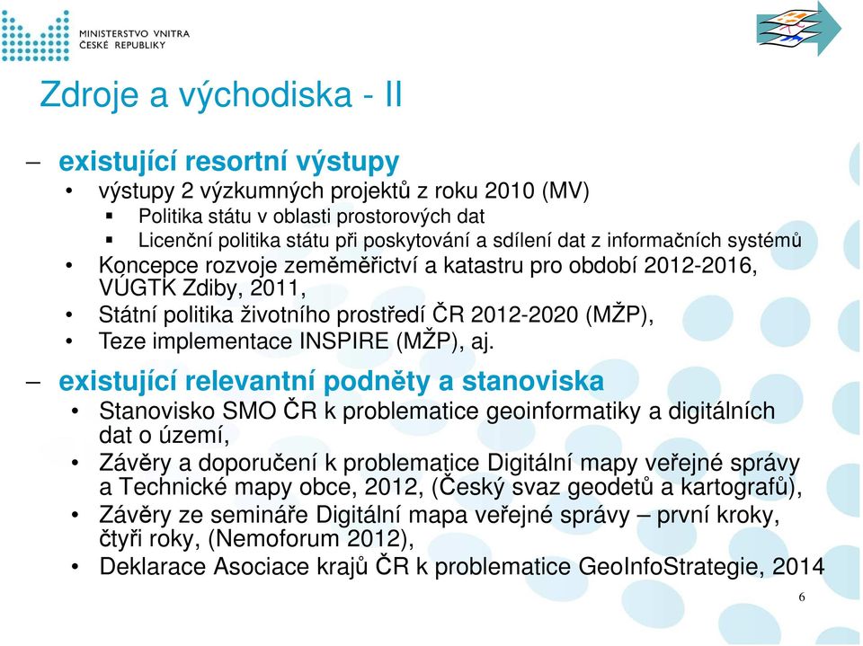 existující relevantní podněty a stanoviska Stanovisko SMO ČR k problematice geoinformatiky a digitálních dat o území, Závěry a doporučení k problematice Digitální mapy veřejné správy a Technické mapy