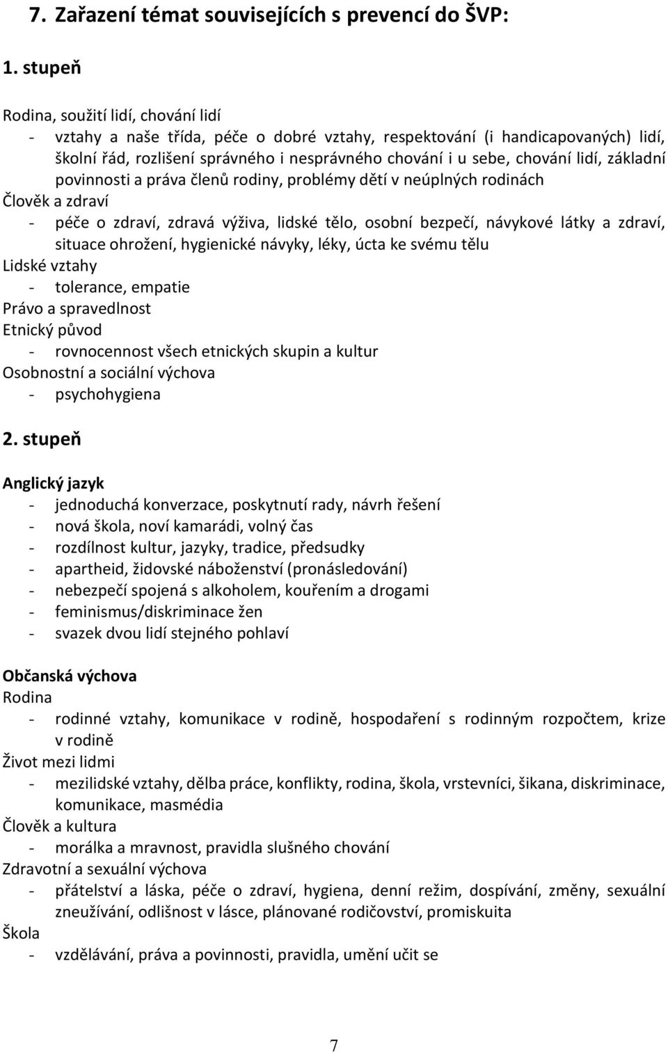 lidí, základní povinnosti a práva členů rodiny, problémy dětí v neúplných rodinách Člověk a zdraví - péče o zdraví, zdravá výživa, lidské tělo, osobní bezpečí, návykové látky a zdraví, situace