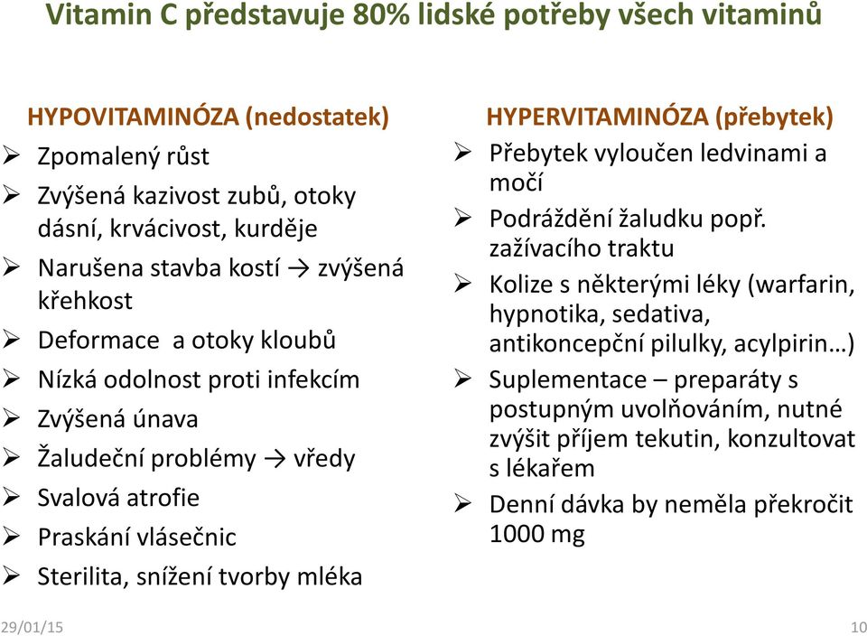 tvorby mléka HYPERVITAMINÓZA (přebytek) Přebytek vyloučen ledvinami a močí Podráždění žaludku popř.