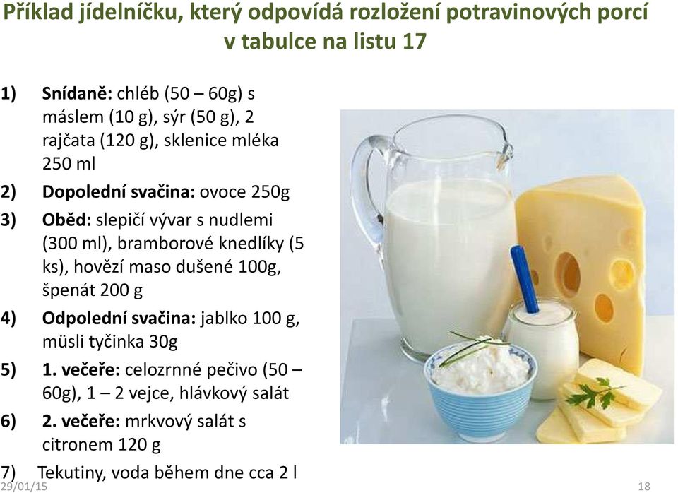 bramborové knedlíky (5 ks), hovězí maso dušené 100g, špenát 200 g 4) Odpolední svačina:jablko 100 g, müsli tyčinka 30g 5) 1.