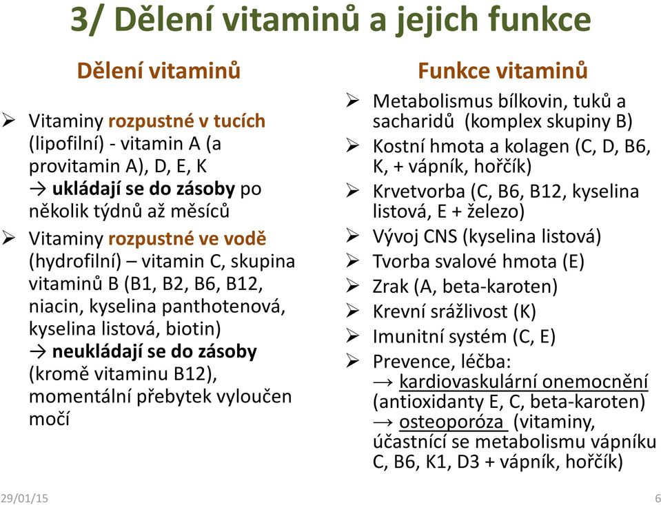 močí Funkce vitaminů Metabolismus bílkovin, tuků a sacharidů (komplex skupiny B) Kostní hmota a kolagen (C, D, B6, K, + vápník, hořčík) Krvetvorba (C, B6, B12, kyselina listová, E + železo) Vývoj CNS