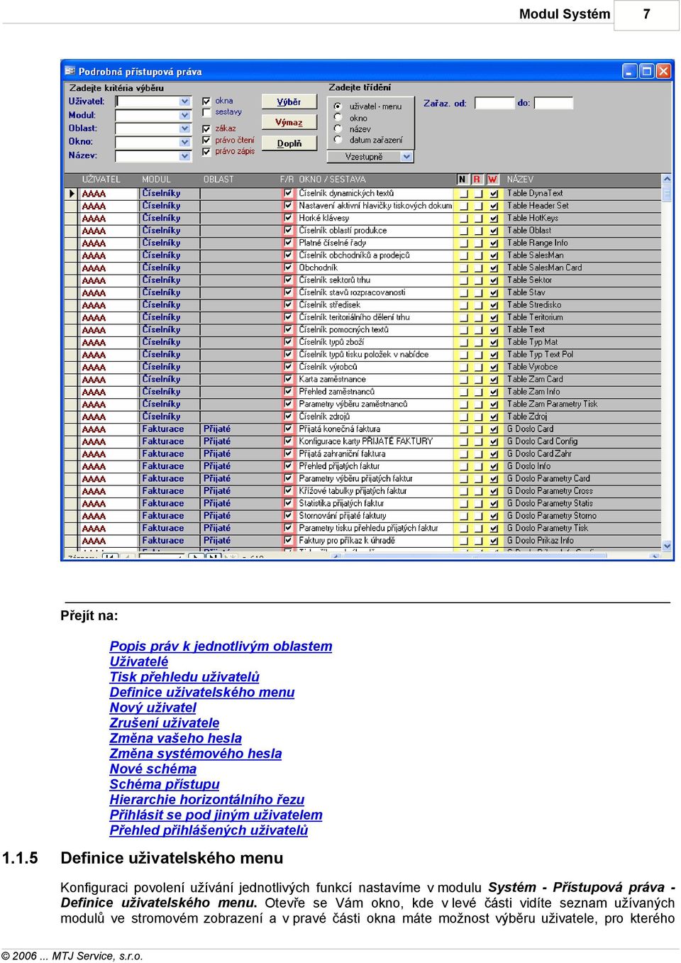 1.5 Definice uživatelského menu Konfiguraci povolení užívání jednotlivých funkcí nastavíme v modulu Systém - Přístupová práva Definice uživatelského
