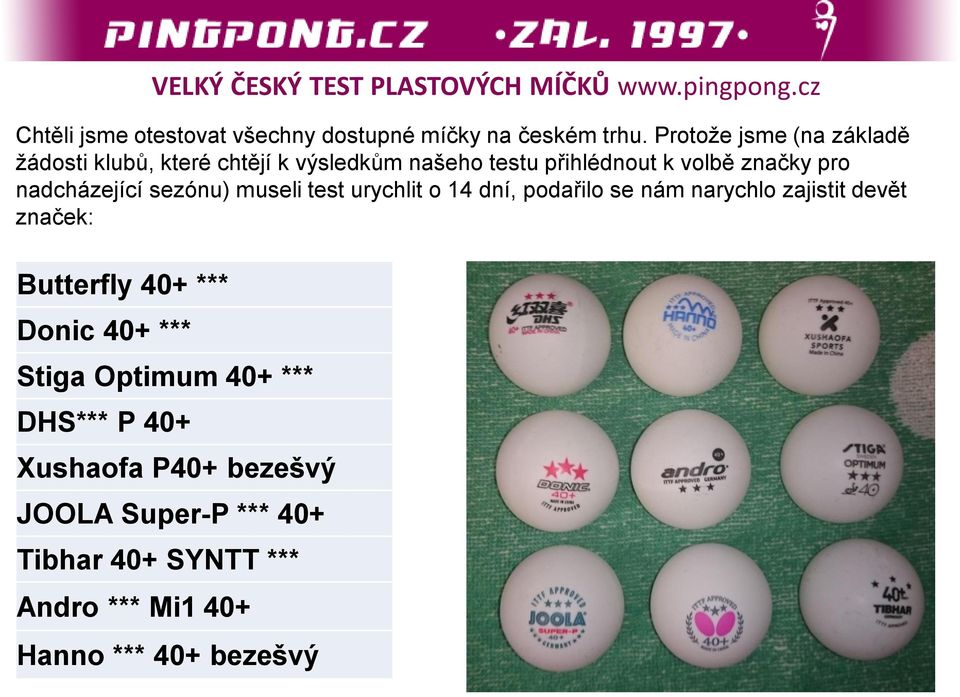 pro nadcházející sezónu) museli test urychlit o 14 dní, podařilo se nám narychlo zajistit devět značek: